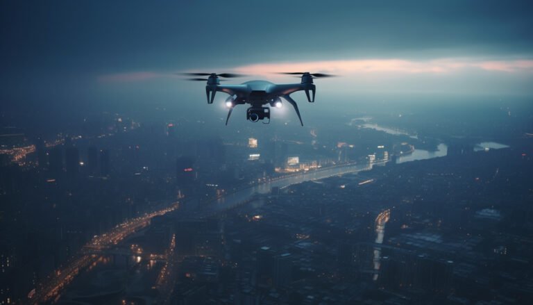 Futuristic drone hovers mid air, surveilling cityscape generated by AI